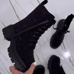 Black Rhinestone Combat Boots Thick-Heel Casual Lace-Up Martin Boots Sizes 6
